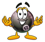 Clip Art Graphic of a Billiards Eight Ball Cartoon Character With Welcoming Open Arms