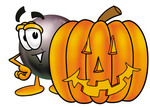 Clip Art Graphic of a Billiards Eight Ball Cartoon Character With a Carved Halloween Pumpkin