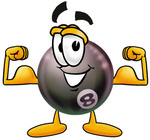 Clip Art Graphic of a Billiards Eight Ball Cartoon Character Flexing His Arm Muscles