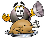 Clip Art Graphic of a Billiards Eight Ball Cartoon Character Serving a Thanksgiving Turkey on a Platter