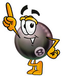 Clip Art Graphic of a Billiards Eight Ball Cartoon Character Pointing Upwards