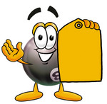 Clip Art Graphic of a Billiards Eight Ball Cartoon Character Holding a Yellow Sales Price Tag