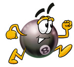 Clip Art Graphic of a Billiards Eight Ball Cartoon Character Running