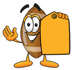 Clip Art Graphic of a Football Cartoon Character Holding a Yellow Sales Price Tag