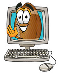 Clip Art Graphic of a Football Cartoon Character Waving From Inside a Computer Screen