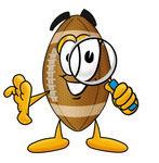 Clip Art Graphic of a Football Cartoon Character Looking Through a Magnifying Glass