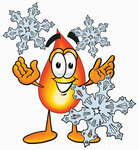 Clip Art Graphic of a Fire Cartoon Character With Three Snowflakes in Winter