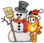 Clip Art Graphic of a Fire Cartoon Character With a Snowman on Christmas