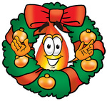 Clip Art Graphic of a Fire Cartoon Character in the Center of a Christmas Wreath