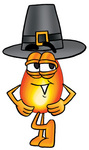 Clip Art Graphic of a Fire Cartoon Character Wearing a Pilgrim Hat on Thanksgiving