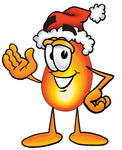 Clip Art Graphic of a Fire Cartoon Character Wearing a Santa Hat and Waving