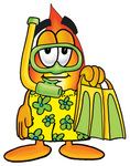 Clip Art Graphic of a Fire Cartoon Character in Green and Yellow Snorkel Gear