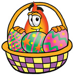 Clip Art Graphic of a Fire Cartoon Character in an Easter Basket Full of Decorated Easter Eggs