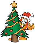 Clip Art Graphic of a Fire Cartoon Character Waving and Standing by a Decorated Christmas Tree