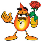 Clip Art Graphic of a Fire Cartoon Character Holding a Red Rose on Valentines Day