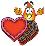 Clip Art Graphic of a Fire Cartoon Character With an Open Box of Valentines Day Chocolate Candies
