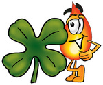 Clip Art Graphic of a Fire Cartoon Character With a Green Four Leaf Clover on St Paddy’s or St Patricks Day