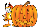 Clip Art Graphic of a Fire Cartoon Character With a Carved Halloween Pumpkin