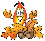 Clip Art Graphic of a Fire Cartoon Character With Autumn Leaves and Acorns in the Fall