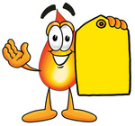 Clip Art Graphic of a Fire Cartoon Character Holding a Yellow Sales Price Tag
