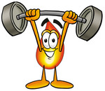 Clip Art Graphic of a Fire Cartoon Character Holding a Heavy Barbell Above His Head
