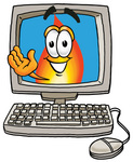 Clip Art Graphic of a Fire Cartoon Character Waving From Inside a Computer Screen