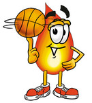 Clip Art Graphic of a Fire Cartoon Character Spinning a Basketball on His Finger