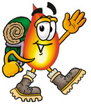 Clip Art Graphic of a Fire Cartoon Character Hiking and Carrying a Backpack