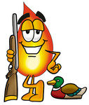 Clip Art Graphic of a Fire Cartoon Character Duck Hunting, Standing With a Rifle and Duck