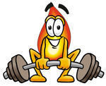 Clip Art Graphic of a Fire Cartoon Character Lifting a Heavy Barbell