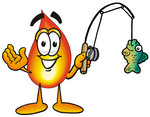 Clip Art Graphic of a Fire Cartoon Character Holding a Fish on a Fishing Pole