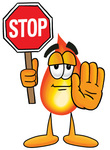 Clip Art Graphic of a Fire Cartoon Character Holding a Stop Sign