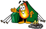 Clip Art Graphic of a Fire Cartoon Character Camping With a Tent and Fire