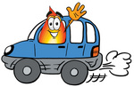 Clip Art Graphic of a Fire Cartoon Character Driving a Blue Car and Waving
