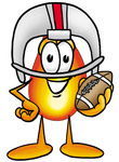 Clip Art Graphic of a Fire Cartoon Character in a Helmet, Holding a Football