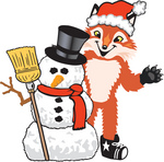 Clipart Picture of a Fox Mascot Cartoon Character With a Snowman on Christmas