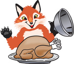 Clipart Picture of a Fox Mascot Cartoon Character Serving a Thanksgiving Turkey on a Platter