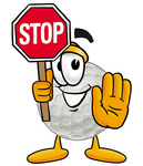 Clip Art Graphic of a Golf Ball Cartoon Character Holding a Stop Sign