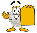 Clip Art Graphic of a Golf Ball Cartoon Character Holding a Yellow Sales Price Tag