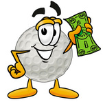 Clip Art Graphic of a Golf Ball Cartoon Character Holding a Dollar Bill