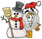 Clip Art Graphic of a Golf Ball Cartoon Character With a Snowman on Christmas