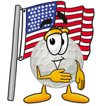 Clip Art Graphic of a Golf Ball Cartoon Character Pledging Allegiance to an American Flag
