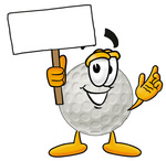 Clip Art Graphic of a Golf Ball Cartoon Character Holding a Blank Sign
