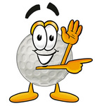 Clip Art Graphic of a Golf Ball Cartoon Character Waving and Pointing