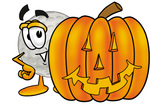 Clip Art Graphic of a Golf Ball Cartoon Character With a Carved Halloween Pumpkin
