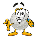 Clip Art Graphic of a Golf Ball Cartoon Character Looking Through a Magnifying Glass