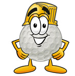 Clip Art Graphic of a Golf Ball Cartoon Character Wearing a Hardhat Helmet