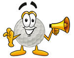 Clip Art Graphic of a Golf Ball Cartoon Character Holding a Megaphone