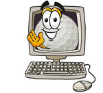 Clip Art Graphic of a Golf Ball Cartoon Character Waving From Inside a Computer Screen