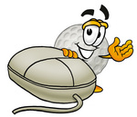 Clip Art Graphic of a Golf Ball Cartoon Character With a Computer Mouse